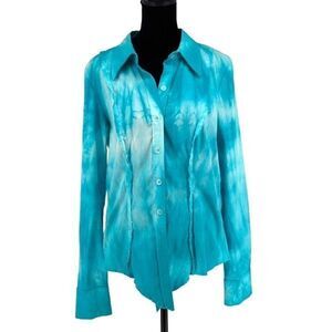 Love Junkie Women’s Tie Dye Button Down Shirt Studded‎ Cross Teal Size Large